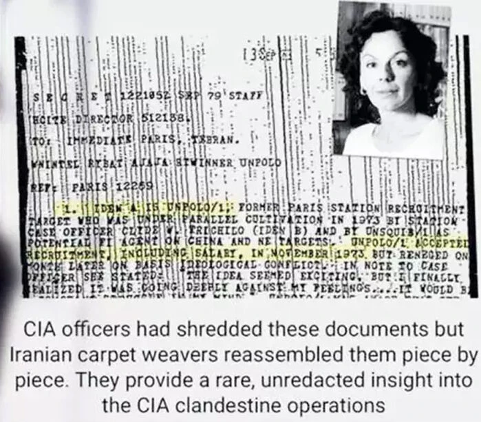 A partially reconstructed CIA document with highlighted text mentioning Kenize Murad, alongside a black-and-white photo of her.