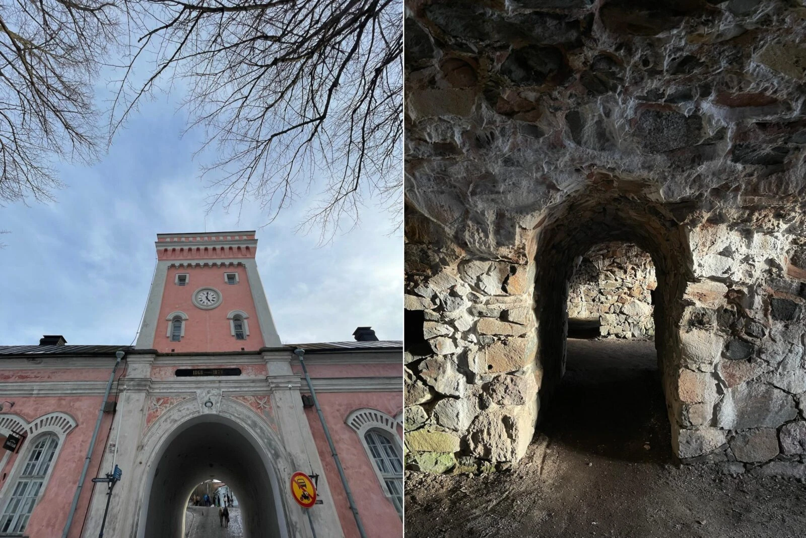 The historic fortress gate and interior of Suomenlinna, showcasing its military architecture.