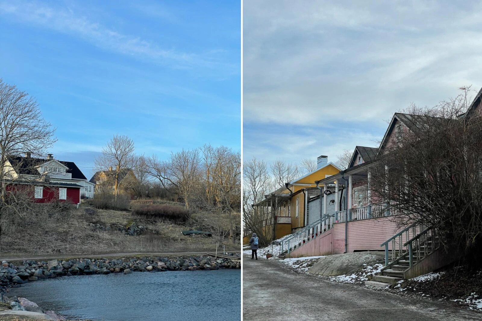 Colorful traditional houses on Suomenlinna Island, Finland, with a peaceful winter atmosphere.