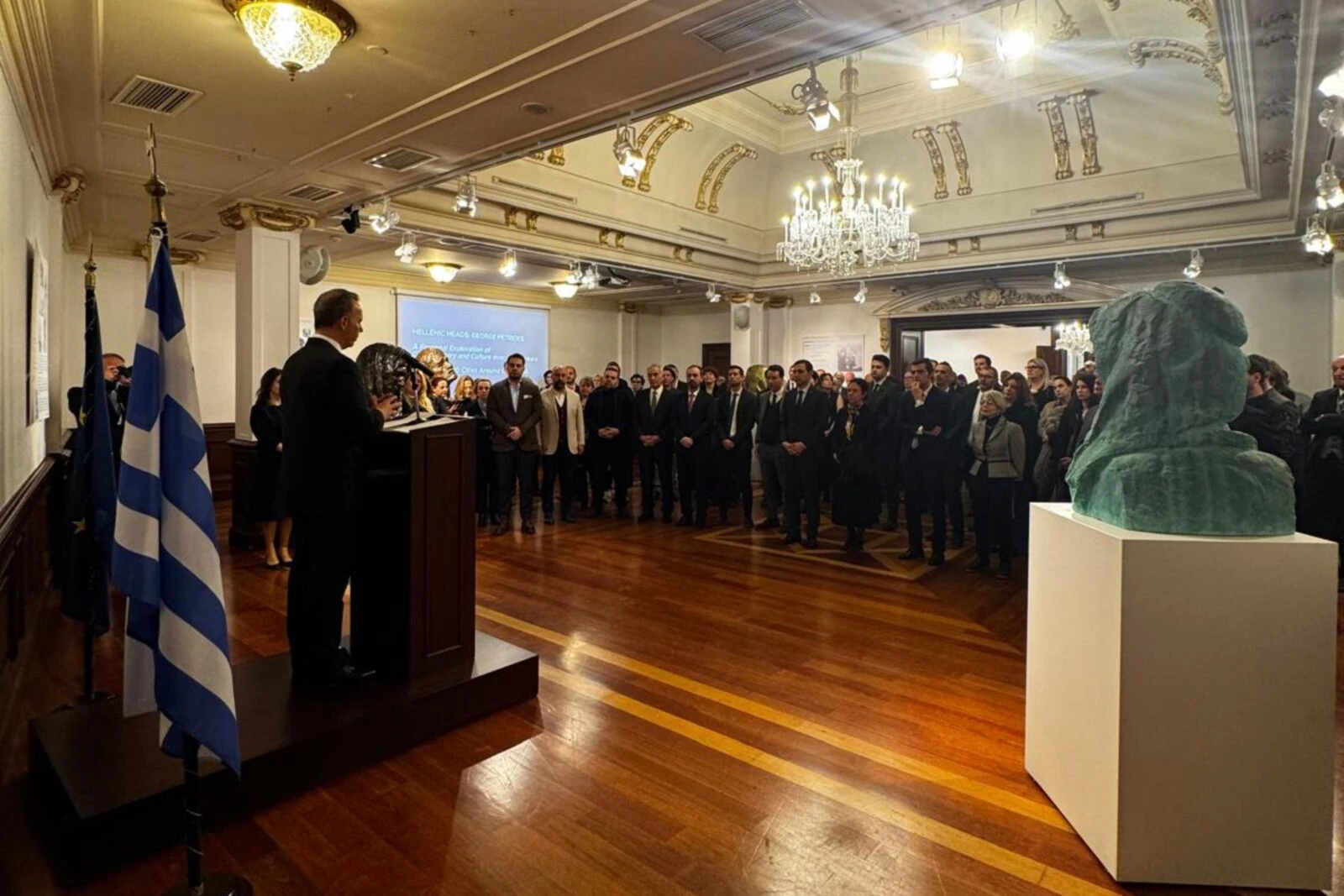 Greek Consul General Ambassador Konstantinos Koutras delivering a speech at the exhibition opening in Istanbul, Turkey.