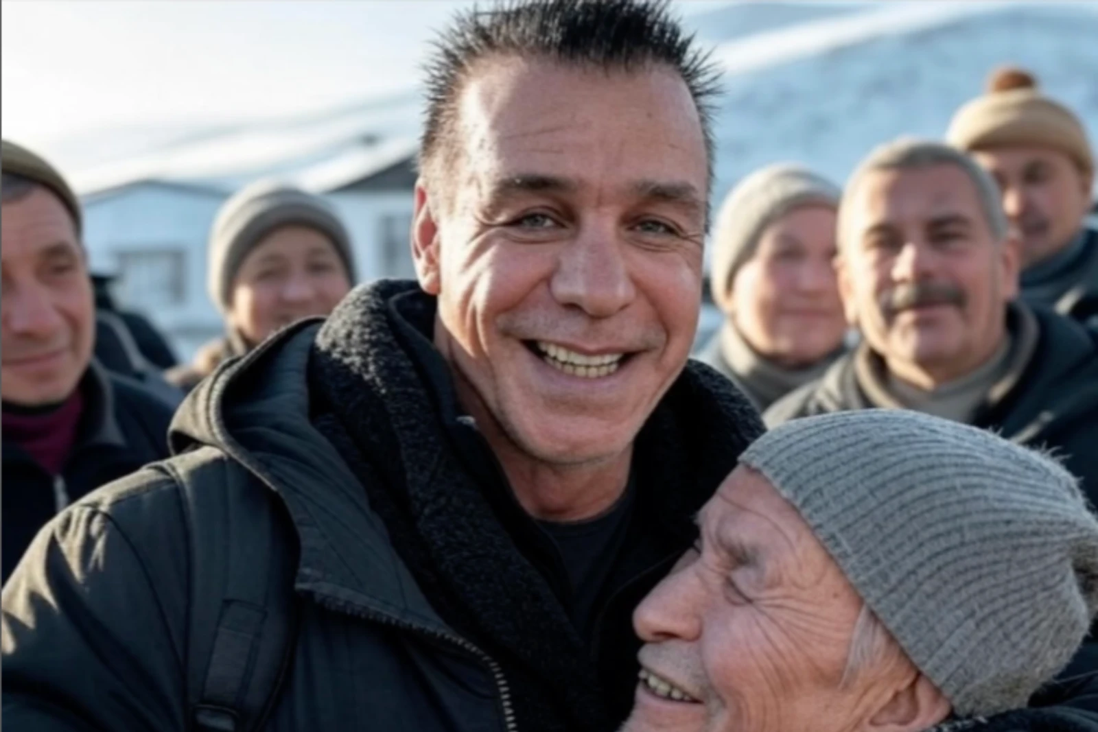 Till Lindemann, the lead singer of Rammstein, smiling as he embraces an elderly villager in Erzurum, Türkiye, surrounded by locals in warm winter clothing with snow-covered hills in the background.