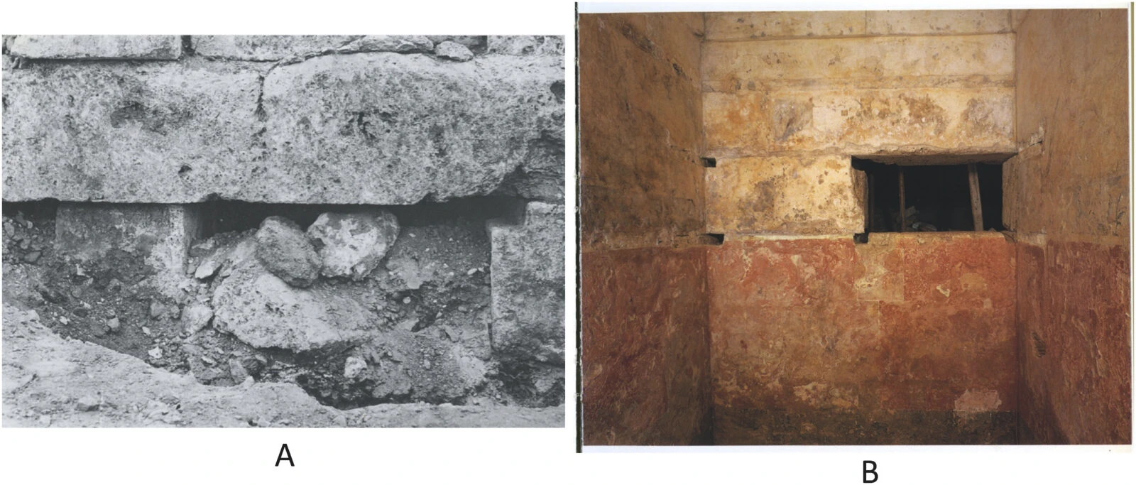 Hole made by tomb robbers on the west wall: A – found filled with stones during excavation; B – view from inside after excavation