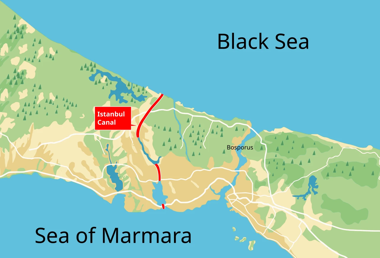 Map showing Istanbul Canal route between two seas