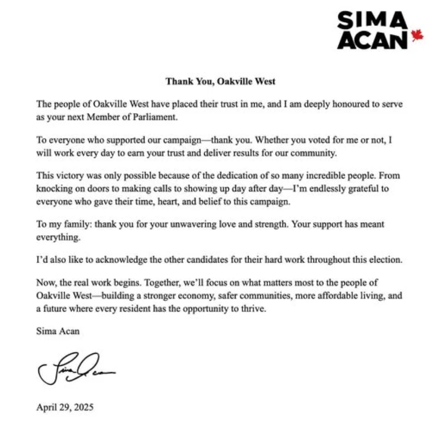 Sima Acan becomes first Canadian MP of Turkish descent 3 Sima Acan's thank you letter