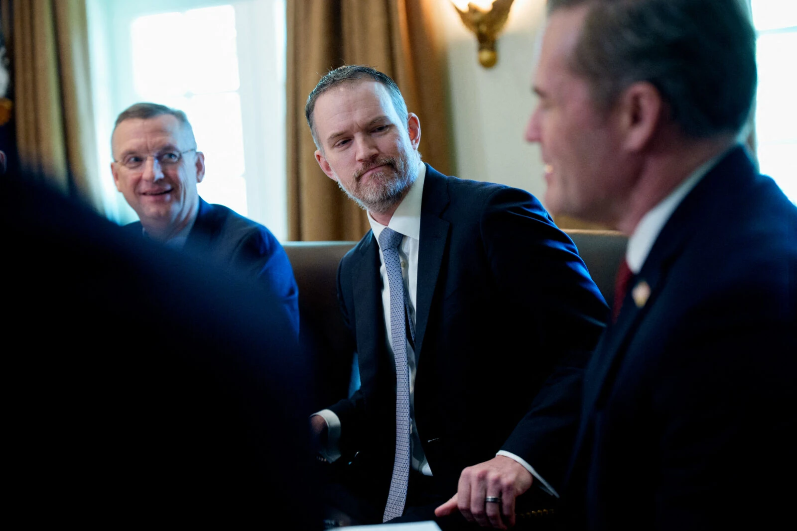 Photo shows (L-R) Veterans Affairs Secretary Doug Collins, U.S. Trade Representative Jamieson Greer, and U.S. National Security Advisor Michael Waltz.