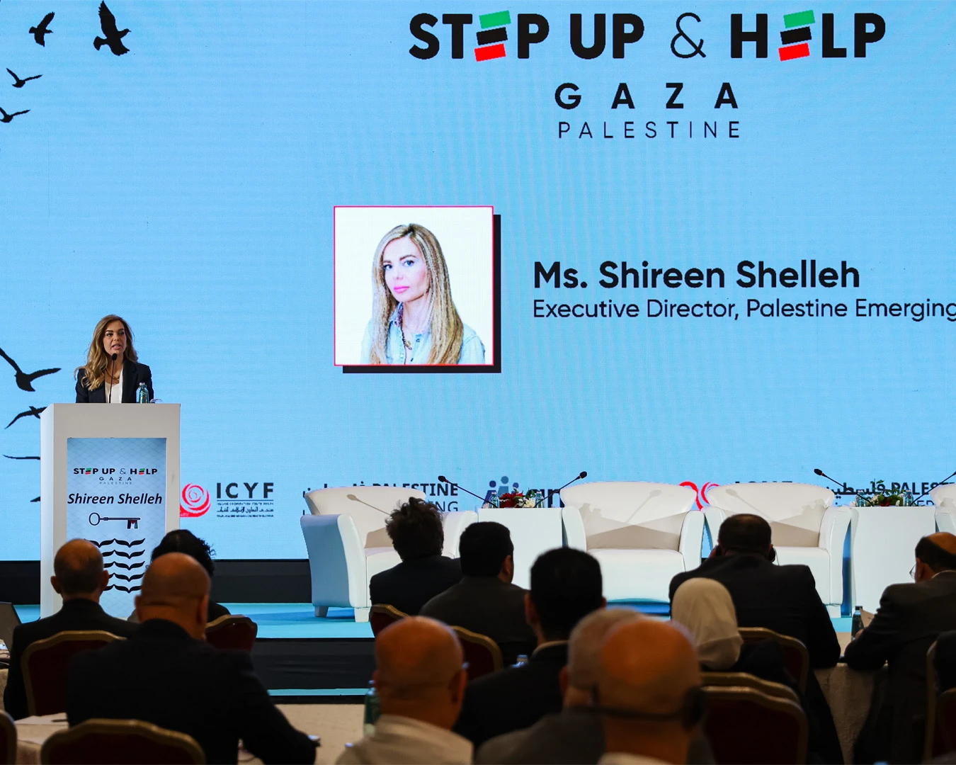 International organizations convene in Istanbul for Gaza 7 Shireen Shelleh, General Manager of Palestine Emerging, delivers a speech at the "Step Up & Help Gaza